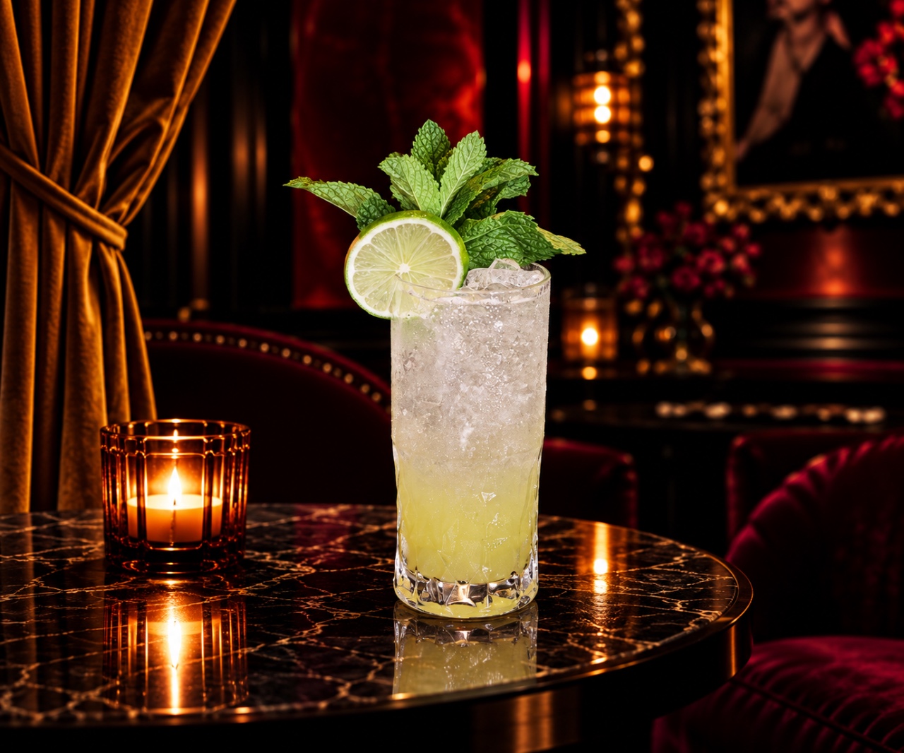 A Bad Rabbit zero-proof drink, shot dark and close on marble.
